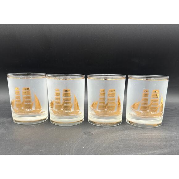 Vintage Culver Gold Clipper Ships Frosted Whiskey Glass DOF Set of 4 - Picture 1 of 8